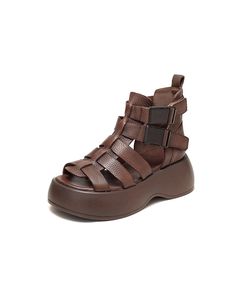 Side Buckle Breathable Platform Strappy Sandals — Obiono Summer Brown Open Toe T-strap Sandals, Brown Toe Post Sandals For Summer, Trendy Brown T-strap Sandals For Summer, Summer Toe Post Sandals With Buckle Closure, Brown High Heel Sandals For Summer, Closed Toe Wedge Sandals With Strap For Beach, Beach Wedge Sandals With Strap And Closed Toe, Toe Post Strap Sandals For Summer, Brown Strappy T-strap Sandals For Summer