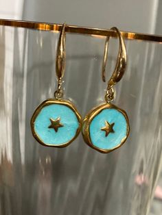 18k gold plated turquoise blue enamel Victorian star charm panel earrings  The earwires are nickel free,18k gold rhodium plated on a copper base metal 14k Gold Filled Earrings With Star Charm As Gift, Blue Nickel-free Gold-plated Earrings, Nickel Free Blue Gold Plated Earrings, Blue Nickel Free Gold Plated Earrings, Blue Gold-plated Drop Earrings, Blue Drop Earrings, Gold Plated, Blue Gold Plated Drop Earrings, Tarnish Resistant Enamel Jewelry Gift, Gold Enamel Dangle Hoop Earrings