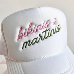 Bikinis & Martinis Embroidered Trucker Hat 100% polyester Foam trucker hat with mesh back, adjustable snap closure and embroidered design. Girly Outfit, Embroidered Sweatshirts, Girly Outfits, Embroidered Design, Martini, Snap Closure, Liquor, Trucker Hat, Mesh