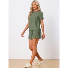 Made of linen fabric, soft, lightweight, and breathable, the 2-pieced outfit set features a regular fit with short sleeves to create a casual and cool daily look. High-waisted shorts with two functional pockets are convenient, which is an effortless outfit to match with any other pieces in your wardrobe. The loose-fit loungewear set is perfect for girls of all shapes, providing you with a casual fashion look. The tracksuit with simplicity is versatile to be paired with sandals or sneakers to bri Casual Solid Linen Set, Casual Linen Sets For Summer, Casual Linen Sets For Vacation, Casual Linen Summer Set, Casual Beach Sets Short Length, Casual Solid Color Vacation Sets, Casual Solid Color Sets For Vacation, Casual Solid Two-piece Bottoms, Casual Linen Beachwear Set