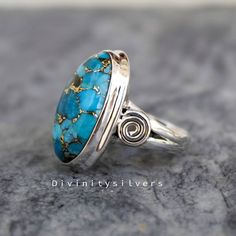 Gemstone- Blue Copper Turquoise Shape- Oval Metal-925 Sterling Silver ring size - All Size available Stone Size - Size depend on the ring size Add this beautiful one little thing of galactic shine in your accessories to make you feel unique and to transform your lives.Perfect for any kind of outfit and every occasion. We accept custom and personalized order. It can be change in the gemstone, ring design and ring size. Please send us message if you are interested in a custom creation ❏ Important Healing Turquoise Ring With Natural Stones, Adjustable Spiritual Turquoise Ring, Spiritual Turquoise Ring With Large Stone, Spiritual Round Turquoise Ring, Spiritual Turquoise Ring With Natural Stones For Anniversary, Spiritual Turquoise Ring For Anniversary, Turquoise Gold Ring, Chalcedony Ring, Jewelry Turquoise