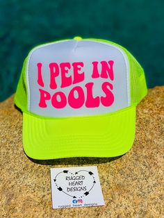 I Pee In Pools  Get ready to soak up the sun in style with our Summer Vibes Trucker Hat! Whether you're hitting the beach, lounging by the pool, or enjoying a backyard BBQ, this hat is the perfect accessory to keep you cool and on-trend all summer long.  Funny Summer Hat. How To Order 1. Select Desired Color Of Hat 2. Select Desired Color OF Wording Please follow us on Instagram or Facebook @rugged_heart_designs for other inspirations. I Pee In Pools Hat, Beachwear Sun Hat For Poolside, Beachwear Sun Hat For Poolside And Beach Season, Poolside Beachwear Sun Hat For Beach Season, Vacation Beachwear Hats For Sunbathing, Fun Green Swimwear For Summer, Playful Adjustable Swimwear For The Beach, Playful Sun Hat For Beach Season Vacation, Playful Sun Hat For Beach Vacation