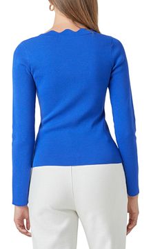 A lightweight staple sweater gets so much sweeter with a squared neckline edged in scalloped shaping. 70% rayon, 30% polyester Hand wash, dry flat Imported Blue Fitted V-neck Knit Top, Fitted Blue V-neck Knit Top, Blue Stretch Fine Knit Top, Fitted Square Neck Sweater, Blue Workwear Top With Ribbed Neckline, Blue Fitted Textured Knit Sweater, Elegant Fine Knit Blue Sweater, Elegant Blue Fine Knit Sweater, Blue Fitted Top With Ribbed Neckline