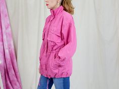 "AUNT GERTRUDE PRESENTS - vintage 80's spring jacket - tied waist - padded shoulders - lined - materials: 65% polyester, 35% cotton; lining - 100% polyester CONDITION (1-10 ❶❷❸❹❺❻❼❽❾ Great condition. SIZE/MEASUREMENTS label: 40 best fits: L/XL chest: 548 inches (122 cm) length: 31 inches (79 cm) sleeve length from armpit: 18,5 inches (47 cm) The model is 5'9\" (174 cm), measures 35-27-38 (90-69-96 cm) and wears size M" Cool Windbreakers, Waist Coat, Spring Coat, Spring Jacket, Polka Dot Shorts, 90s Denim, Spring Jackets, Pink Jacket, Corduroy Jacket