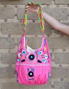 Mexican Summer Tote /  Huipil Bag Travel Tote / Boho bag / Mexican Hand Embroidered bag with Macrame Floral Embroidered Tote Shoulder Bag For Festival, Traditional Handheld Shoulder Bag For Summer, Traditional Summer Pouch Shoulder Bag, Festival Pouch Bag With Multicolor Embroidery, Pink Embroidered Beach Bag, Bohemian Pink Satchel Bag, Pink Rectangular Shoulder Bag With Handwork, Multicolor Embroidery Pouch For Festivals, Pink Embroidered Bohemian Shoulder Bag