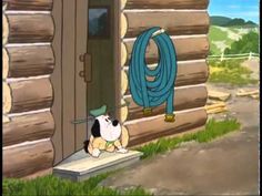 a cartoon dog sitting in front of a door with a leash hanging from it's side