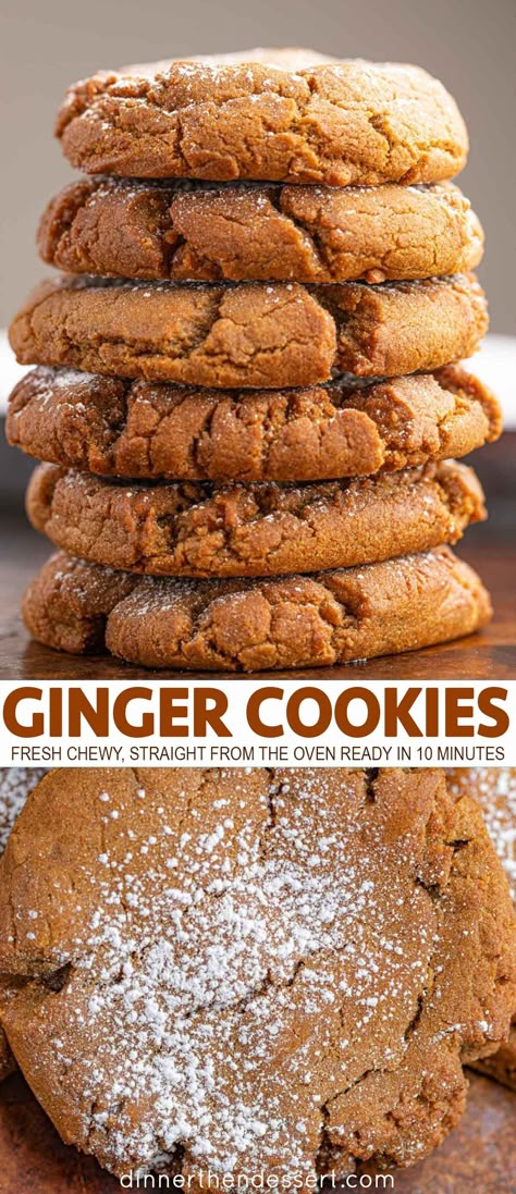 Fresh, chewy cookies straight from the oven with a rich ginger taste for any occasion. Ready in 10 minutes. #ginger #cookie #cookies #gingercookies #holiday #holidayrecipes #holidaycookies #dessert #dinnerthendessert? Ginger Cookies With Fresh Ginger, Ginger Cookies Recipes, Gingerbread Cookies With Fresh Ginger, Fresh Ginger Cookies Recipe, Best Ginger Cookies Recipe, 10 Minute Cookies, Fresh Ginger Recipes Baking, Oatmeal Ginger Cookies, Recipes Using Fresh Ginger