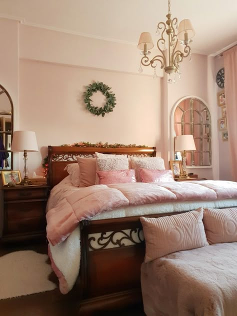 Light Pink And Wood Bedroom, Pink Bedroom With Dark Wood Furniture, Pink Room Brown Furniture, Pink Room With Brown Furniture, Dark Wood And Pink Bedroom, Pink Bedrooms For Adults, Pink Antique Bedroom, Pink And Wood Bedroom, Dusty Rose Bedroom Ideas