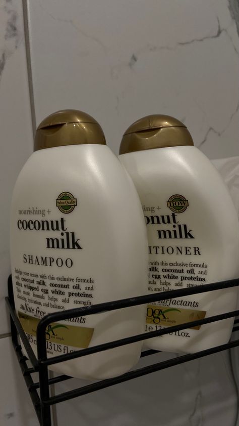 Ogx Shampoo Aesthetic, Coconut Hair Products, Ogx Hair Products Aesthetic, Aesthetic Hair Products, Hair Products Aesthetic, Ogx Coconut Milk, Ogx Shampoo, Ogx Hair Products, Pink White Nails