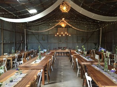 Metal Building Wedding Decor, Steel Building Wedding Reception, Wedding Venues Shed, Metal Building Wedding Reception, Metal Shop Wedding Reception, Shearing Shed Wedding, Shed Wedding Reception Decoration, Pole Barn Wedding, Old Barn Wedding