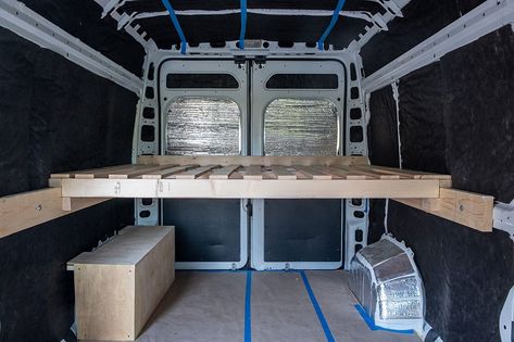 Camper Van Garage, Van Build Bed Ideas, Removable Bed For Van, Modular Camper Van, Cargo Van Storage Ideas, Van Beds Ideas, Fixed Bed Van Conversion, Basic Van Conversion, Sprinter Van Bed Ideas