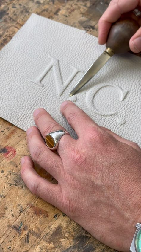 Going at it on a personalised debossed Cheyne clutch. - - - #madetoorder #accessories #madeinlondon #handcrafted #luxuryleathergoods | Instagram Small Leather Gifts Diy, Leather Products Ideas, Leather Techniques, Leather Tutorial, Socks Lace, Men Clutch Bag, Gold Phone, Woodworking Shop Plans, Embossed Bag