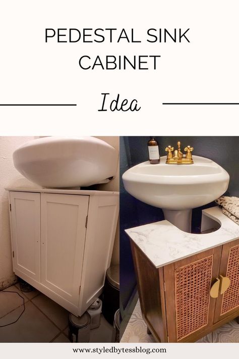 Storage For Bathroom With Pedestal Sink, Under Pedestal Sink Storage Diy, Storage Ideas Around Pedestal Sink, Under Sink Cabinet Diy, Sink Pedestal Storage, Below Sink Storage Cabinets, Update Pedestal Sink, Sink Cabinet Diy, Bathroom Organization Pedestal Sink