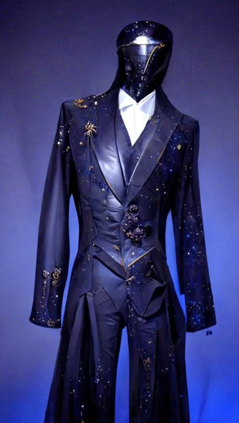 Starry Suit Men, Mascarade Suit Men, Space Themed Tuxedo, Wizard Suit Design, Preformance Outfits Male, Space Themed Wedding Suit, Celestial Men Outfit, Star Inspired Outfits Male, Blue Fancy Outfits Men