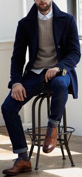 Dark Blue Casual Outfit Men, Claccic Style Men, Mens Navy Blue Sweater Outfit, Mens Navy Shirt Outfit, Mens Brogues Outfit, Mens Navy Peacoat Outfits, Blue Coat Mens Outfit, Men’s Jeans Work Outfit, Mens Buissnes Casual Outfits Fall