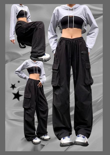 Baggy Cargo Pants With Crop Top, Sports Bra And Cargo Pants Outfit, Cropped Hoodie And Cargo Pants Outfit, Crop Top Outfits With Cargo Pants, Dance Cargo Pants, Tank Top With Baggy Pants, Cargo Pants Styles For Women, Baggy Cargo Sweatpants Outfit, Crop Tops With Cargo Pants