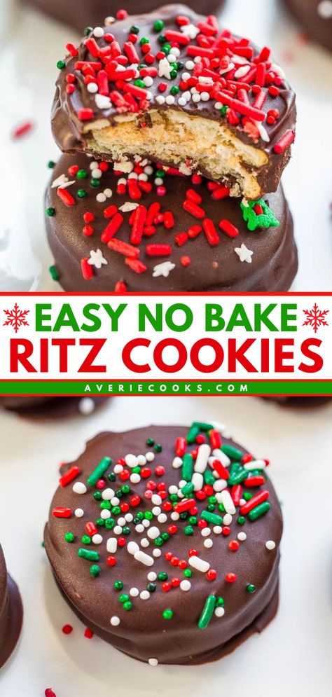 Need a sweet treat for holiday exchanges? Here's a no-bake Christmas cookie recipe! Sandwiched with a peanut butter-marshmallow filling, these chocolate-covered Ritz cookies are amazing. Put these Chocolate Peanut Butter Stacks on your Christmas dessert ideas! Chocolate Peanut Butter Stacks, Holiday Sweets Christmas, Chocolate Peanut Butter Ritz Cookies, Christmas Baking Easy Recipes, Nobake Christmas Treats, Best Holiday Baking Recipes, Christmas Work Treats, Ritz Cookies Peanut Butter, Christmas Cookie Day Ideas