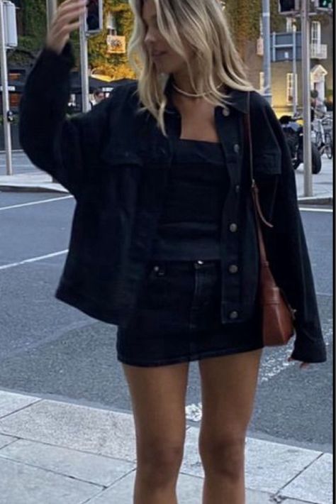 Black denim outfit #falloutfit  Follow my shop @sophstudent on the @shop.LTK app to shop this post and get my exclusive app-only content!  #liketkit  @shop.ltk https://liketk.it/4V2of Black Jean Jacket Outfits, Denim Jacket And Skirt, Denim Jacket Outfit Women, Black Denim Outfit, Black Denim Jacket Outfit, Fit Board, Jacket Outfit Women, Festival Fits, Black Jean Jacket