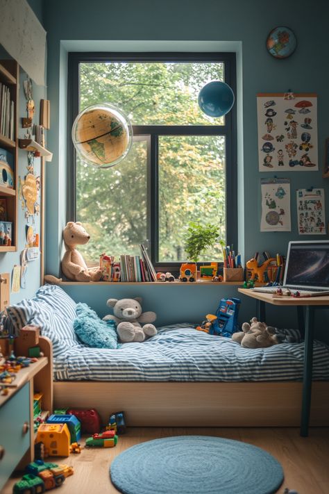 Bunk Bed Kids Room Ideas, Blue Kids Room Boys, Colorful Kids Room Boy, Toddler Boy Small Bedroom Ideas, Toddler And Baby Shared Room Layout, Narrow Kids Bedroom, Kids Harry Potter Bedroom, Colorful Kids Playroom, Child’s Bedroom