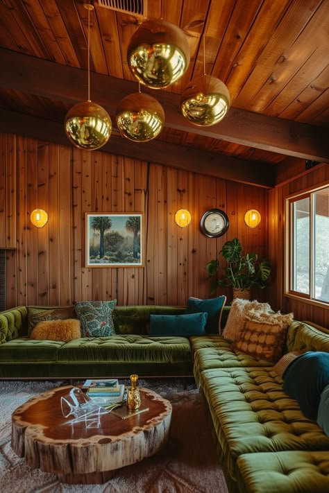 Retro Wood Paneling Interior Design, 1970s Gallery Wall, Boho 70s Living Room, 70s Mcm Living Room, Modern 70s Style Home, Retro Cabin Interior, 70s House Living Room, Midwestern Interior Design, 1970s Aesthetic Home Decor