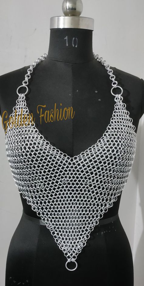 Chainmaille Armor, Chainmail Outfit, Chainmail Bra, Chainmaille Collar, Chainmail Clothing, Chainmail Patterns, Chainmail Top, Goth Lingerie, Scale Mail