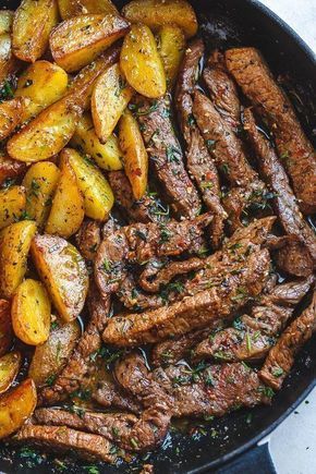 Garlic Butter Steak and Potatoes Skillet. This easy one-pan recipe is so simple, and so flavorful. The best steak and potatoes you'll ever have! #garlicbutter #potatoes #dinner #dinnerrecipes Steak And Potatoes Skillet, Garlic Butter Steak And Potatoes, Butter Steak And Potatoes, Potatoes Dinner, Potatoes Skillet, Steak And Potatoes, Skillet Dinner Recipes, Butter Steak, Pan Recipe