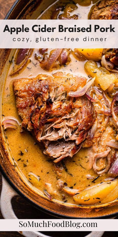 This Apple Cider Braised Pork Shoulder is an easy one-pot dinner recipe that is so cozy and perfect for the fall months. Tender pork cooked low and slow in a bath of fresh apple cider, onions, apples, and fresh herbs. Pork Apples Onions, Apple Cider Pulled Pork Bowls, Pork And Cider Recipes, Pork Loin Apple Cider, Apple Cider Pork Roast Dutch Oven, Apple Braised Pork, Apple Cider Braised Pork Shoulder Instant Pot, Cider Braised Pork Shoulder, Large Family Recipes Dinners