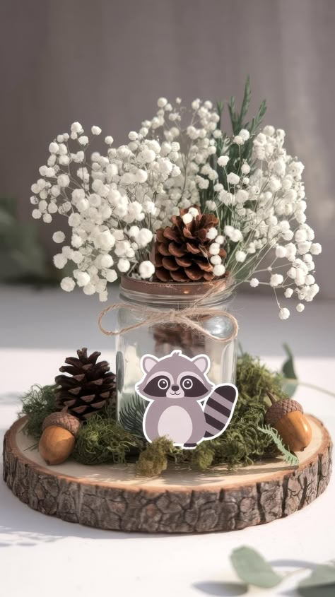 Forest Baby Shower Theme Centerpieces, Enchanted Forrest Baby Shower Ideas, Deer Theme Baby Shower Ideas For Boys, Neutral Woodland Baby Shower Ideas, Baby Boy Centerpiece Ideas, Boy Baby Shower Ideas Forrest, Woodland Critters Baby Shower Ideas, Winter Wonderland Baby Shower Ideas Centerpieces, Raccoon Baby Shower Ideas