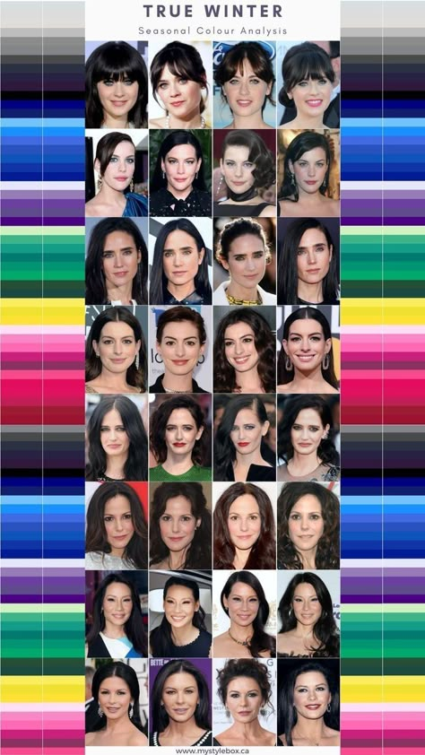 True Winter Hair, Winter Color Analysis, True Winter Palette, Color Analysis Winter, True Cool Winter, True Winter Color Palette, Winter Skin Tone, Cool True Winter, Deep Winter Palette