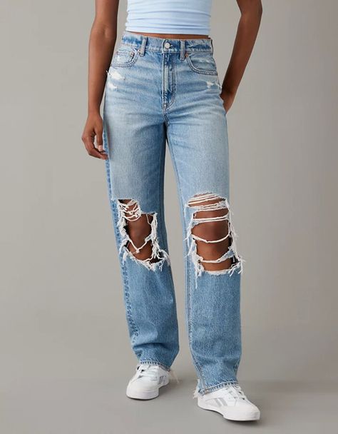 AE Strigid Ripped Highest Waist Baggy Straight Jean Baggy Ripped Jeans, Cute Ripped Jeans, Fest Outfits, Trendy Outfits For Teens, Summer Jeans, Cute Preppy Outfits, Cute Jeans, Cute Everyday Outfits, Back To School Outfits