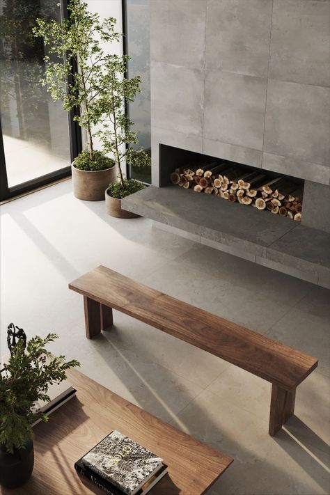 Concrete Look Fireplace, Concrete Tiles Kitchen, Concrete Home Design, Concrete Floors In House, Interior Concrete Floors, Concrete Tile Floor, Cement Tile Floor, Concrete Home Decor, Matte Porcelain Tile