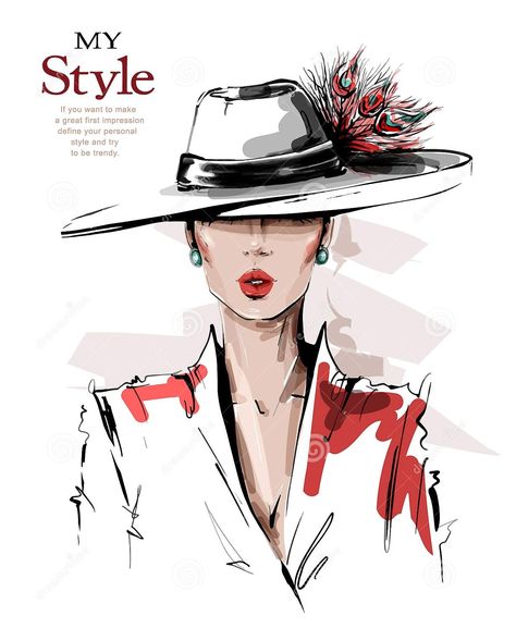 Drawing Hats, Woman In Hat, Fashion Illustration Face, Makeup Illustration, Fashion Illustration Collage, Fashion Figure Drawing, Woman Sketch, Elegant Girl, Fashion Figures