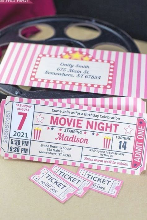 Diy Movie Tickets, Outdoor Movie Birthday, Movie Ticket Birthday Invitations, Movie Night Tickets, Movie Ticket Invitations, Movie Night Party Ideas, Birthday Movie Night, Diy Movie Night, Hollywood Birthday Parties