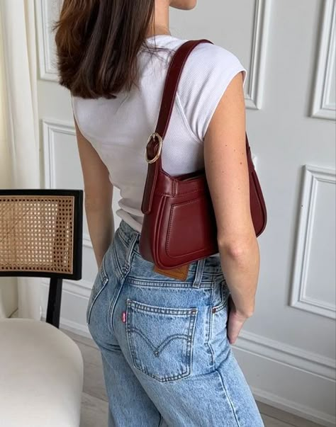 Red Purse And Shoes Outfit, Red Closet Aesthetic, Red Clean Aesthetic, Outfits With Red Accessories, Red Outfit Accessories, Outfit With Shoulder Bag, Cherry Red Shoulder Bag, Red Bags Aesthetic, Red Bag Aesthetic Outfit