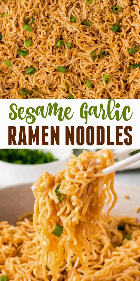 Tired of the same boring ramen noodles? Toss out the sauce packet and make these super easy 10 minute sesame garlic ramen noodles! Recipe For Ramen Noodles, Dishes With Ramen Noodles, Sauteed Ramen Noodles, Ramen Pasta Recipes, Easy Dinner With Ramen Noodles, Recipes With Mr Noodles, 10 Minute Food Recipes, Dinner For 1 Ideas, Easy Recipes With Ramen Noodles