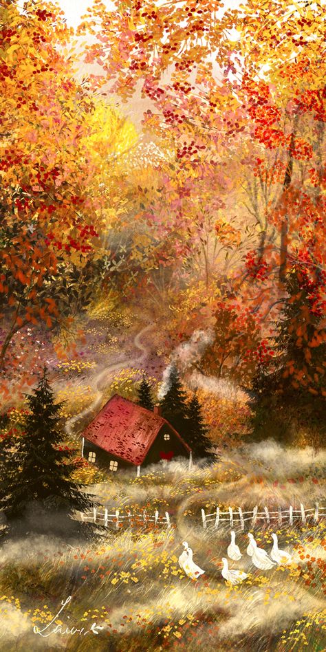 November Wallpaper, Storybook Art, Autumn Illustration, Fall Background, Pattern Texture, Cabin In The Woods, Autumn Art, Fall Wallpaper, Samhain