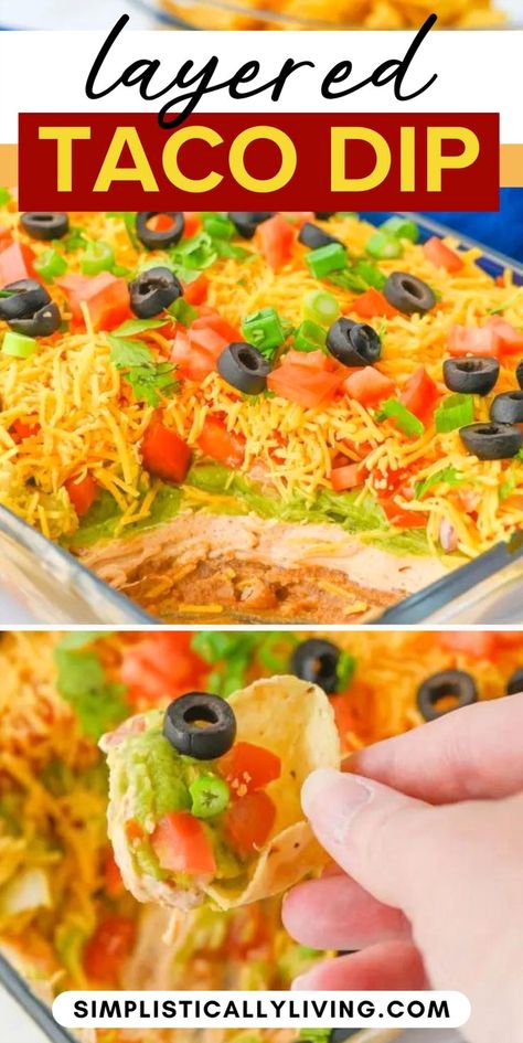 Whip up a hit with our Layered Taco Dip! This simple yet delicious appetizer boasts layers of tasty goodness, including refried beans, zesty sour cream, cheese, and fresh tomatoes. Ideal for gatherings, game nights, or whenever you're craving a flavorful treat. Mexican Layer Dip Recipe, Taco Bean Dip, Tacos Ideas, Mexican Dip Recipes, Taco Dip Easy, Refried Bean Dip, Seasoned Sour Cream, Slow Cooker Shredded Beef, Taco Side Dishes