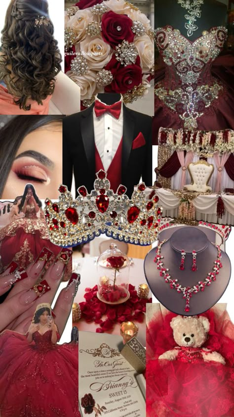 my ideas for my quince Quinceanera Red Theme, Red Quince Decorations, Quince Clothing, Quinceanera Aesthetic, Red Quinceanera Theme, Quinceanera Surprise Dance, Red Quinceanera Ideas, Quinceanera Red, Red And Gold Quince