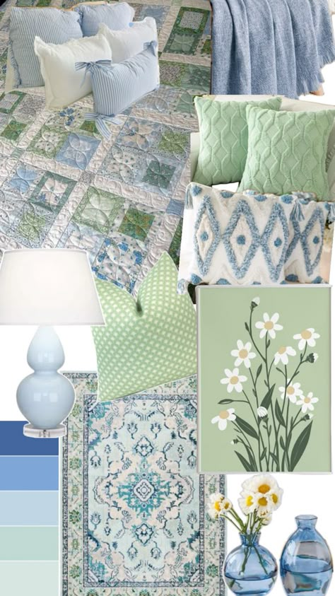 Pastel Blue And Green Bedroom, Tiffany And Co Inspired Bedroom, Pale Green And Blue Bedroom, Blue Green Room Ideas, Green And Blue Room Decor, Green Blue And White Bedroom, Blue And Green Room Ideas, Blue And Green Dorm Room Ideas, Green And Blue Aesthetic Room