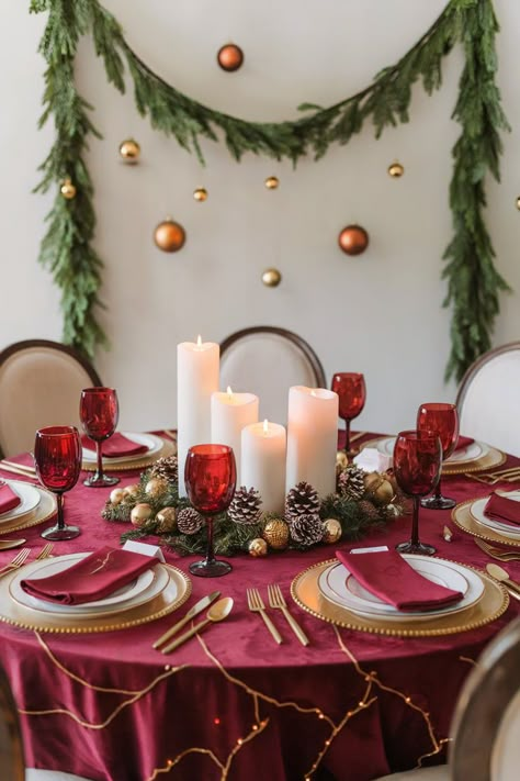 A round dining room table adorned with Christmas decorations, including red napkins, white candles, and greenery. How To Decorate Round Dining Table For Christmas, Dining Room Xmas Decor, Round Dinner Table Christmas Decor, Christmas Table Setting Round Table, Round Dining Table Decor Christmas, Christmas Table Decor Round Table, Round Tablescapes Christmas, Round Table Decor Christmas, Christmas Party Round Table Decorations