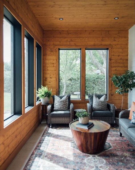 Wood Cabin Ceiling, Wood Sunroom Ideas, Pine Cabin Interior Wood Walls, Sunroom Wood Paneling, Sunroom Wood Ceiling, Knotty Pine Sunroom, Cedar Sunroom Ideas, Wood Panel Sunroom, Pine Siding Interior Walls