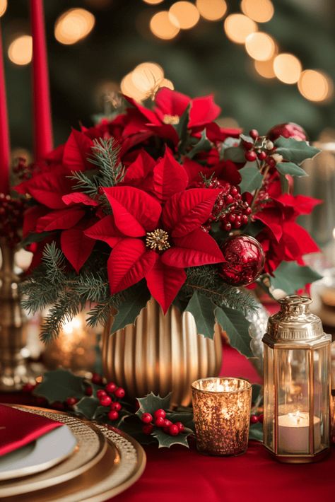 Christmas Wedding Centerpiece Christmas Decor Poinsettia, Pointsetta Centerpieces Christmas, Christmas Poinsettia Decorations, Christmas Floral Centerpieces, Poinsettia Christmas Decor, Floral Christmas Centerpieces, Elegant Christmas Decor Ideas, Christmas Floral Arrangements Diy, Poinsettia Centerpiece