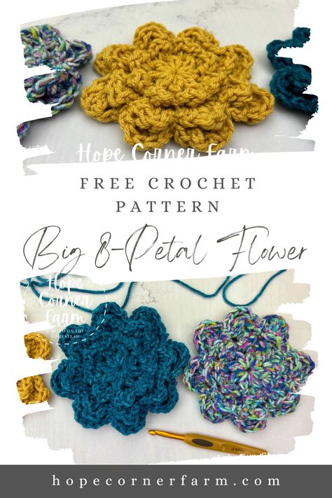 How to Crochet a Big Crochet Flower - Hope Corner Farm Easy Crochet Flowers, Big Crochet, Crochet Flowers Easy, Crocheted Items, Learn How To Crochet, Crochet Flower Tutorial, Crochet Flower Patterns, Crochet Headband, Crochet Flower