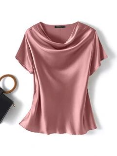 ZANZEA Women Satin Solid Cowl Neck Casual Short Sleeve Blouse Cheap - NewChic Kibbe Essence, Silk Shirts Women, Bob Pendek, Vietnam Clothes, Business Blouse, Satin Tops, Ethereal Style, Soft Dramatic, Clothing Pieces