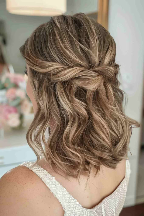 25%20Elegant%20Medium-Length%20Formal%20Hairstyles%20for%20Any%20Special%20Event Wedding Hair Ideas For Shoulder Length Hair, Bridal Hair For Medium Length Half Up, Half Up Bridesmaid Hair Medium Shoulder Length, All Down Hairstyles Wedding, Shoulder Length Wavy Wedding Hair, Hair Styles For Medium Length For Wedding, Mother Of Bride Half Up Half Down, Hair Half Up Half Down Shoulder Length, Wedding Hair Up And Down Half Up