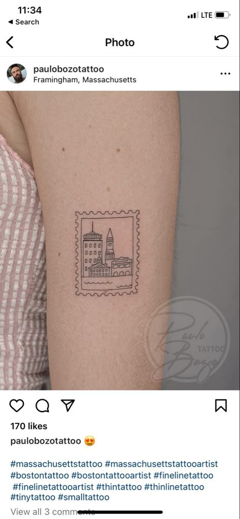 Boston Stamp Tattoo, Boston Inspired Tattoo, Stamp Tattoo Location, Uk Stamp Tattoo, Townhouse Tattoo, Amsterdam Stamp Tattoo, House Stamp Tattoo, Tattoos To Get In London, Chicago Stamp Tattoo