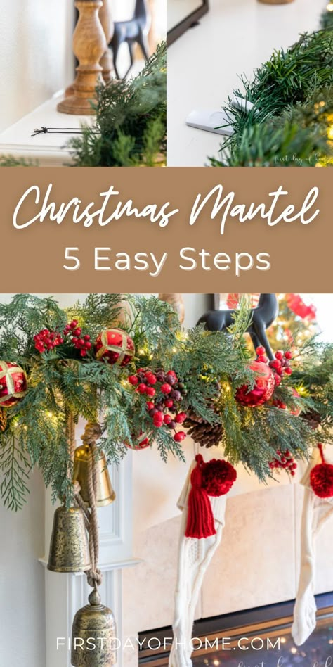 Christmas mantel and images of hooks used to hang heavy objects on the fireplace mantel Diy Christmas Mantel Garland, Christmas Mantal, Diy Christmas Mantle Decor, Mantle Christmas Decor Ideas, Garland On Mantle, Diy Christmas Mantle, Mantle Christmas Decor, How To Hang Garland On Mantel, Diy Christmas Mantel