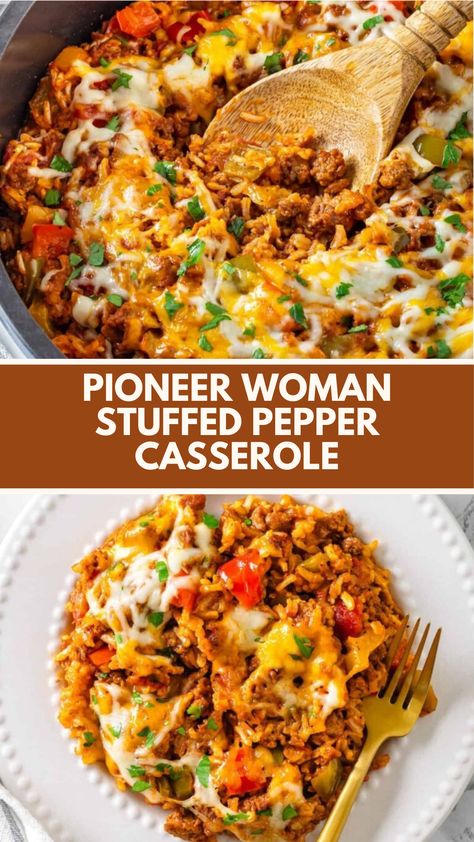 Pioneer Woman Stuffed Pepper Casserole is made with ground beef, bell peppers, rice, and cheese, seasoned with Italian or Cajun spices. It serves 6 and takes about 45 minutes to prepare and bake, offering a comforting and flavorful meal. Pioneer Woman Thai Beef With Peppers, Bell Pepper Stuffed Casserole, Meat And Bell Pepper Recipes, Bell Pepper Meal Ideas, Pioneer Woman Stuffed Pepper Casserole, Stuffed Bell Peppers Deconstructed, Turkey Unstuffed Peppers, Pepper Rice Casserole, Peppers And Beef Recipes