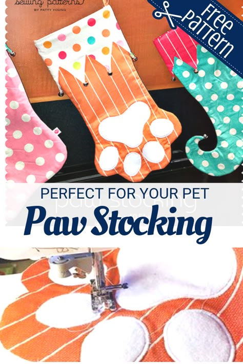 Free Holiday Sewing Patterns, Paw Stocking Pattern Free, Dog Stockings Christmas Diy, Cat Christmas Stocking Diy, Diy Cat Stocking, Dog Christmas Stocking Pattern, Pet Christmas Stockings Diy Free Pattern, Dog Bone Stocking Pattern Free, Free Stocking Pattern Sewing