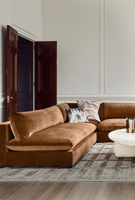 Modern Furniture Store & Contemporary Home Decor Online | CB2 Comfy Modern Couch, Living Room Orientation, Leather Chairs In Living Room, Cb2 Couch, Cb2 Sofa, Bold Furniture, Brown Velvet Sofa Living Room, 2 Couches In Living Room, Mauve Velvet Couch